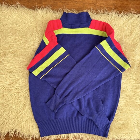 Vintage Slalom Mens Ski Sweater Royal Blue Neon Lime Fuchsia 80s 90s LG 1/4 Zip - Picture 12 of 12
